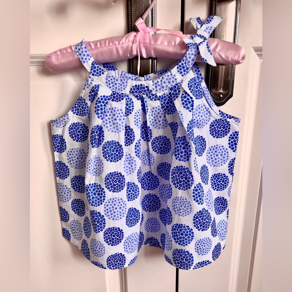 Jacadi Paris Blue and White Sleeveless Top Sleeveless Blouse with Floral Dots